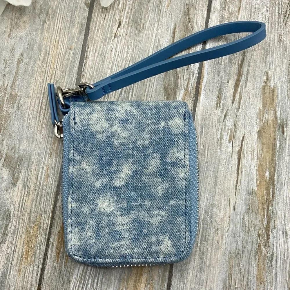 Women's Blue Washed Denim Flower Embroidered Wristlet Wallet Bag Purse